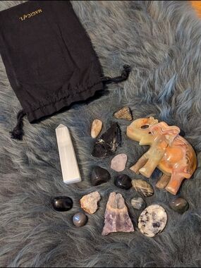 Crystal Collection 🔮 with Selenite Tower & Carved Jade Elephant